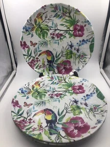 Cynthia Rowley Melamine Dinner Plates Toucan Birds Parrot Flower Set Of 4 EUC - Picture 1 of 8