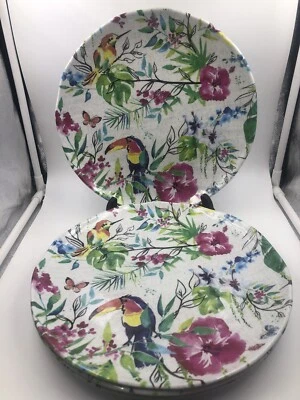 Cynthia Rowley Melamine Dinner Plates Toucan Birds Parrot Flower Set Of 4 EUC - Image 1 of 4