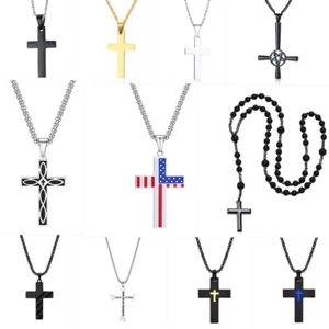 Herren Edelstahl Schraubenschlüssel Rosenkranz Doppelkreuz Anhänger USA Flagge Kreuz Halskette - Bild 1 von 34