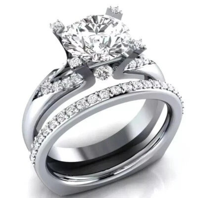 Round Cut 2.50 Carat Moissanite Bridal Set Engagement Ring Solid 14K White Gold - Image 1 of 4