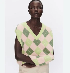 Zara Pink & Green Argyle Soft Knit Sweater Vest Women’s Small Top - Picture 1 of 8
