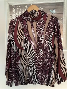 Ladies Blouse long sleeve top Size 14 Cuff Neck & Arms Mauve Beige Pattern g.co - Picture 1 of 4