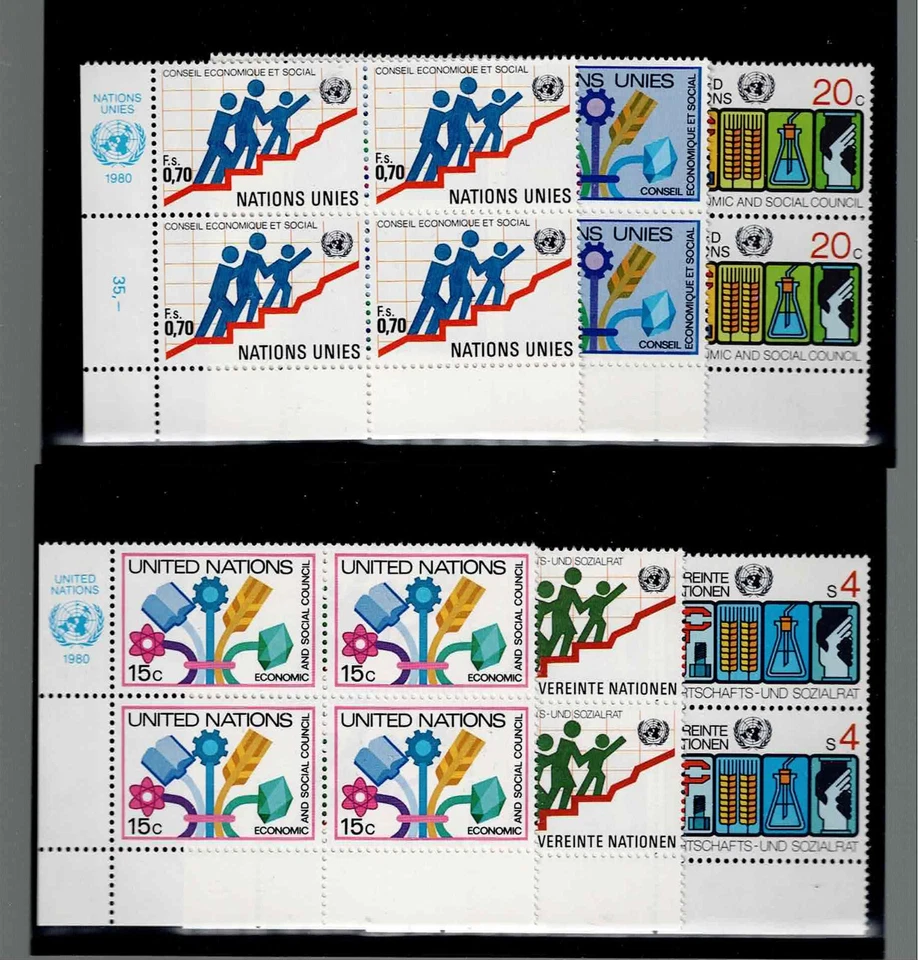 UN Scott #NY 341-42, Geneva 96-97 & Vienna 15-16 Inscription Blocks 1980 FVF MNH - Image 1 of 1