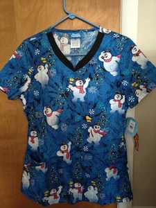 Frosty The Snowman Winter Cherokee Scrub Top Nurse Tooniforms Women's XS NEW NWT - Picture 1 of 8