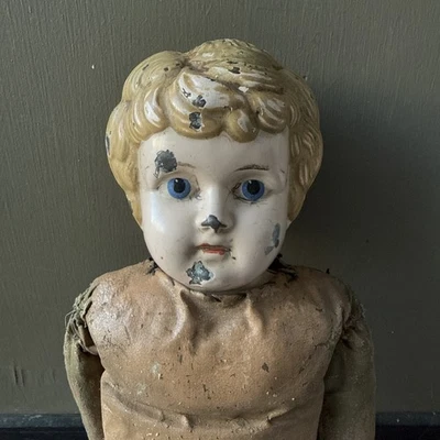 Antigua muñeca alemana con cabeza de hojalata Minerva cuerpo suave moldeado cabello rubio ojos azules leer Foto 1 de 4