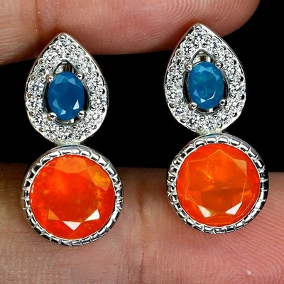Pendientes de plata de ley 925 redondos ópalo naranja 7 mm ópalo azul piedras preciosas joyería Foto 1 de 4
