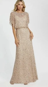 Mac Duggal 14523 NUG Sz 10 Beige Nude Gold Pearl Beaded Sequin Cape Gown $698 - Picture 1 of 5