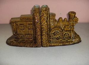 Pair Vintage Large Ceramic Brown Train Engine & Caboose Bookends Signed - Picture 1 of 1