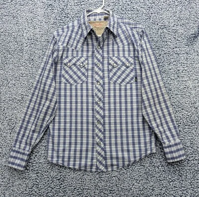 Fender Pearl Snap Western Shirt Mens XS Sawtooth Pocket Country Star Plaid Blue - Image 1 of 4