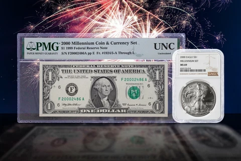 2000 Millennium Coin & Currency Set ASE NGC MS69 & 1999 Federal Reserve Note PMG Cover