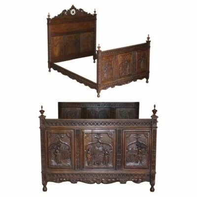 ANTIQUE HAND CARVED CONTINENTAL OAK FRAME BEDSTEAD VERY NICELY SCULPTED PART SET - Image 1 of 4
