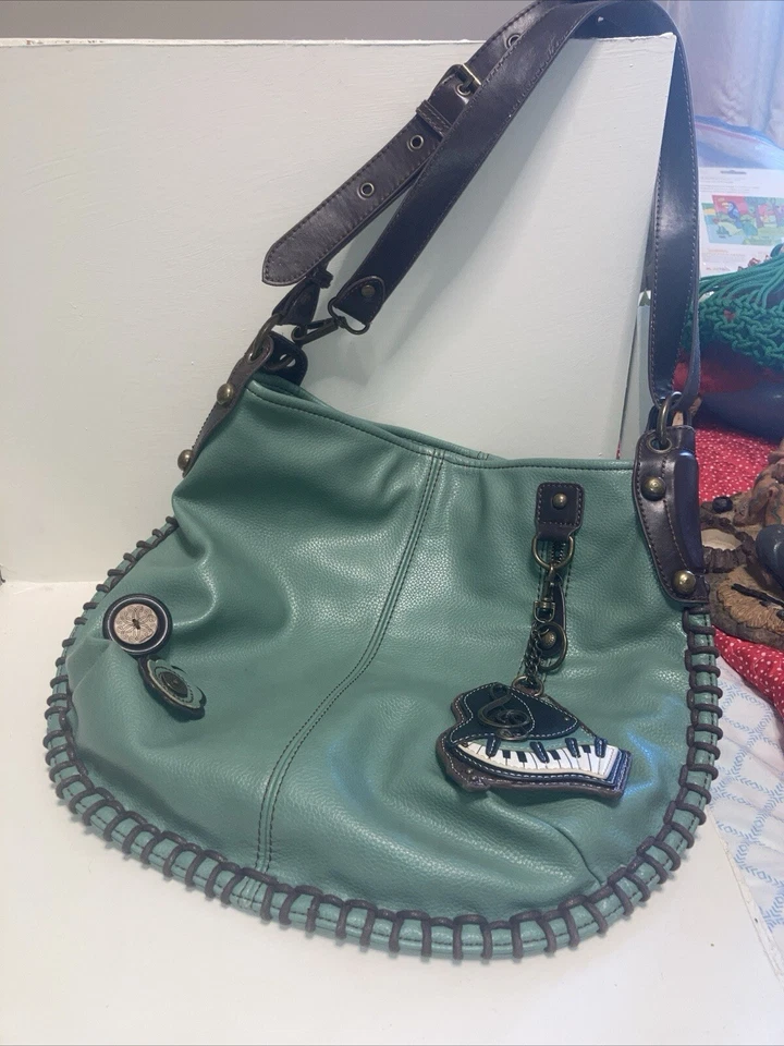 CHALA  Hobo Crossbody Bag Green w Brown Trim Vegan Leather Button Floral Large - Image 1 of 4