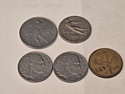 5 monedas italianas - 1 1962 L50, 1 1910 C20, 1 1940 y 1 1941 C20 y 1 1957 L20 Foto 1 de 2