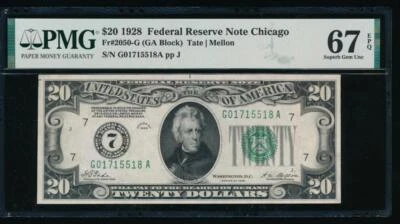 AC NUMERICAL 1928 $20 Chicago PMG 67 EPQ gold clause Fr 2050-G pop 11/1 - Image 1 of 2