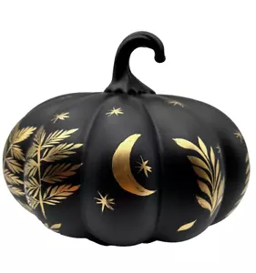 Halloween Black Gold Celestial Pumpkin Hand Painted Stars Crescent Moon Leaves - Picture 1 of 10