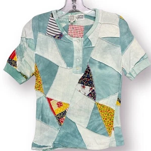 Vintage 70s Patchwork Shirt Henley Womens L (S/M) Hippie Tie Dye Casual Shirt T - Picture 1 of 14