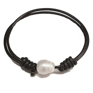 PULSERA de PERLA Cultivada 11 mm Y Cuero Negro. Corredera. Adaptable. Bolsa Tela - Imagen 1 de 4