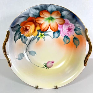 NORITAKE MORIMURA HAND PAINTED Gold DOUBLE HANDLE BOWL 9 3/4” Orange Pink FLORAL - Picture 1 of 8