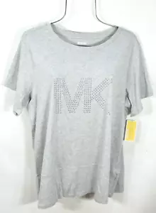 Michael Kors Women's Blouse L Gray Silver Studded MK Logo Top Shirt NWT - Picture 1 of 9