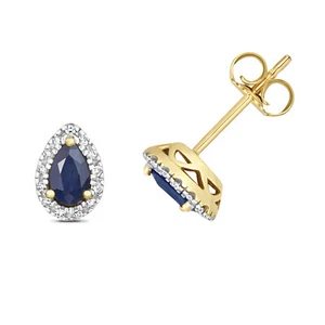 Diamond Stud Earrings 9ct Gold Ladies 0.07 Carat with Sapphire - 8mm*5mm - Picture 1 of 1