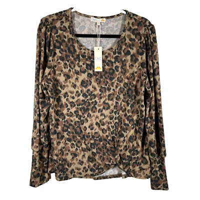 C&C California Shirt Sz L NEW Soft Knit Leopard Brown Puff Sleeve Cuffs Mob Wife - Image 1 of 4