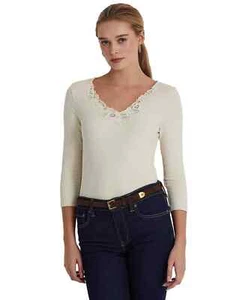 Lauren Ralph Lauren Women's Cream Lace-Trim Stretch Cotton Top - XL - Cream - Picture 1 of 4
