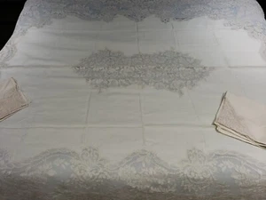 VINTAGE ALENCON LACE TABLECLOTH & 6 NAPKINS BEIGE LINEN FRENCH LACE - Picture 1 of 14