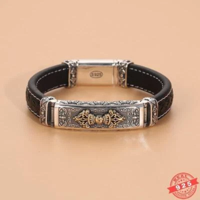 Pulsera clásica de plata de ley 925 maciza de 12 mm de cuero real negro Foto 1 de 4