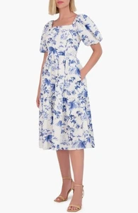 Nwt Vince Camuto Women's White Floral Puff-Sleeve Midi Dress Size 14 $148 - Picture 1 of 6