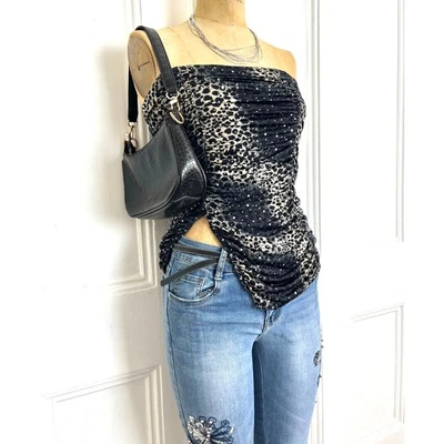 Top tubo fruncido estampado leopardo con lentejuelas y junturas Y2K, Grunge ✨ Foto 1 de 4