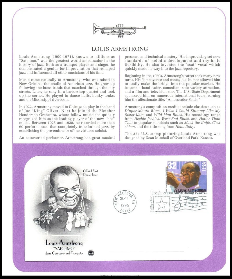 1995 Louis Armstrong Sc 2982 FDC PCS panel, jazz trumpet scat music New Orleans - Image 1 of 1