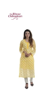 Yellow Chikankari Kurti for Women | Handmade Lucknowi Cotton Kurta with Inner - Picture 1 of 6