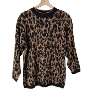 Vintage 80er Damen L Rundhals Leopard Pullover Pulli Schwarz Braun Metallic Gold - Bild 1 von 11