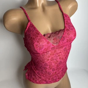 Y2K Hot Pink Floral Burnout Mesh Cami Top XS Lace Trim Coquette Baddie Fairy - Picture 1 of 11