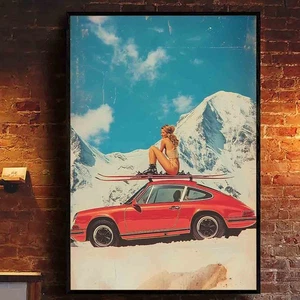 Niña esquí surf en coche clásico en montañas de nieve arte retro póster impresión esquiador - Imagen 1 de 5