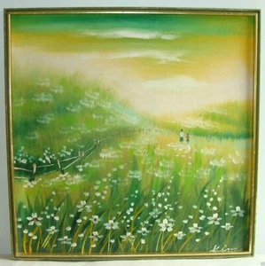 Kino or Kinov or Kim Painting on Canvas Panel Mother Daughter Daisies Field - Picture 1 of 12