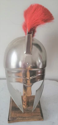Casco de acero espartano corintio griego medieval vintage con soporte de pluma y madera Foto 1 de 4