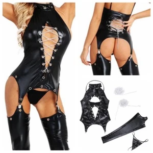 Women PVC Leather Bodysuit Open Crotch Jumpsuit Catsuit Clubwear with G-string - Picture 1 of 13