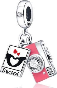 Sterlingsilber 925 Kamera Selfie Schallplatte Unsere Liebe Charm Paar Herz hängende Perle - Bild 1 von 1
