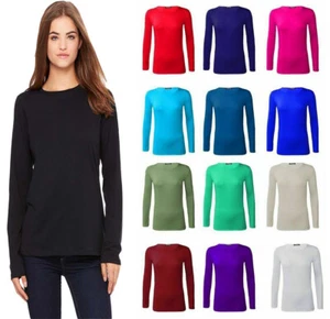 Womens Long Sleeve T-Shirt Stretch Plain Round Scoop Neck Top UK Size 8-26 - Picture 1 of 27