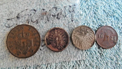 LOT OF 4 VINTAGE GERMAN WORLD COINS 1867 B 3 PFENNINGE 1924 1 PFENNING 1889 1890 - Image 1 of 4