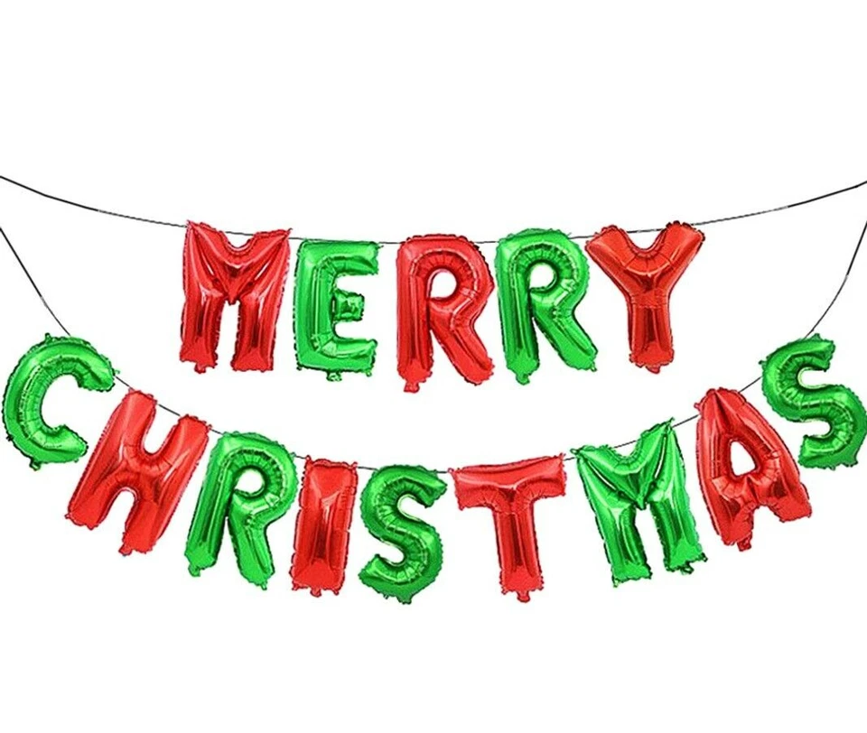 16" Merry Christmas Bunting Banner Foil Balloon Red & Green Xmas Santa Decor UK - Image 1 of 1