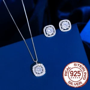 925 Sterling Silver Stud Earrings Necklace Jewelry Set Women Cubic Zirconia Gift - Picture 1 of 7