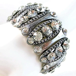 USA Armband Vintage Silber Schwarz Strass Perle KRISTALL Dehnbar Groß Breit - Bild 1 von 3