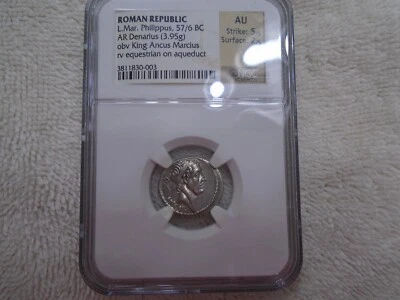 República Romana AR Denario - L. Marcio Felipe 57/6 aC - NGC AU 5/5, 2/5 Foto 1 de 4