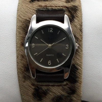 Reloj Mujer Piel Leopardo Imitación 25mm Tono Plateado Marrón Bronceado Banda Batería Nueva Foto 1 de 4