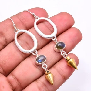 Natural Labradorite Gemstone 925 Silver Two Tone Arrow Head Earring 2.73" E39 - Picture 1 of 3