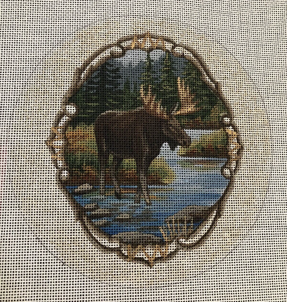Vtg Rare Hand-painted Moose Needlepoint 6 1/2" Oval Canvas by Lizz - Image 1 of 2