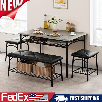 Dining Set for 4 Table and Bench 2 Upholstered Stools W/ Wine Rack Small Kitchen Foto 1 de 4