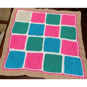 Lamp Afghan blanket granny squares Hand made Crochet pink blue green 38x38 - Picture 1 of 7